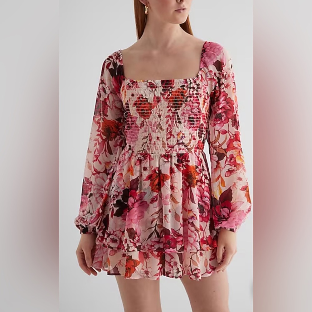 Express Floral Long Sleeve Smocked Romper - Picture 2 of 8